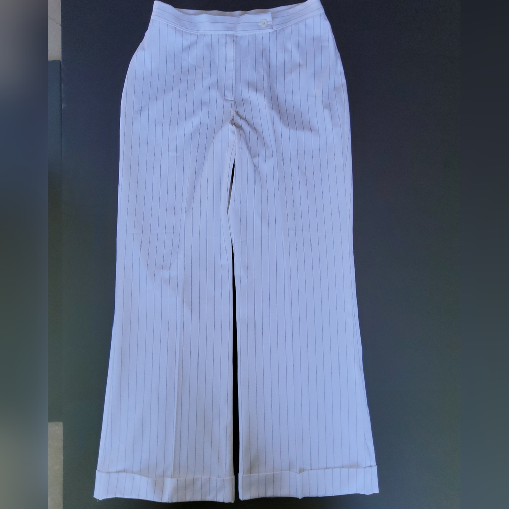 Vintage Olivia Mattews white with black pinstripe dress pants, wide leg, cuffed